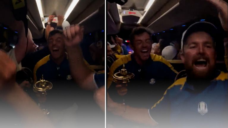 Team Europe took their celebrations onto the team bus after their thrilling Ryder Cup victory over the USA in Rome