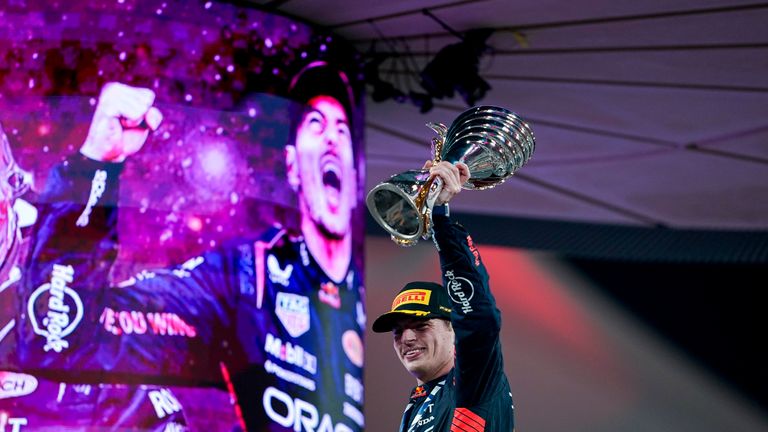 November 26, 2023, Abu Dhabi, United Arab Emirates: MAX VERSTAPPEN of the Netherlands and Red Bull Racing on the podium after winning the 2023 FIA Formula 1 Abu Dhabi Grand Prix at Yas Marina Circuit in Abu Dhabi, United Arab Emirates. 