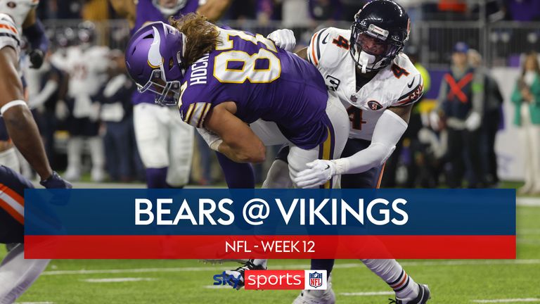 Minnesota Vikings tight end T.J. Hockenson (87) catches a touchdown pass in front of Chicago Bears safety Eddie Jackson (4) during the second half of an NFL football game, Monday, Nov. 27, 2023, in Minneapolis.