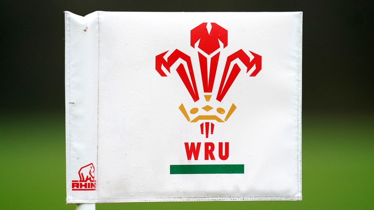 A general view of a corner flag featuring the Welsh Rugby Union logo during a training session at the Vale Resort, Hensol.
