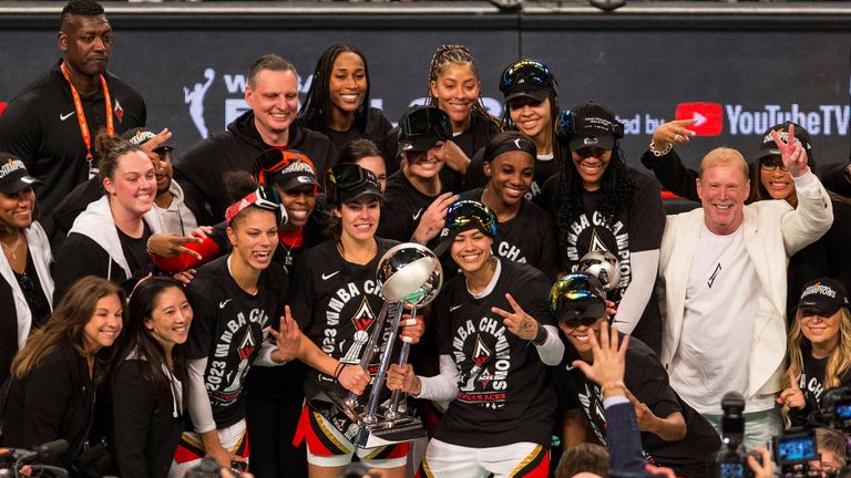 BROOKLYN, NY - OCTOBER 18: Las Vegas Aces celebrate after defeating the New York Liberty in game 4 of the 2023 WNBA Finals to win the championship on October 18, 2023, at Barclays Center in Brooklyn, NY. (Photo by M. Anthony Nesmith/Icon Sportswire) (Icon Sportswire via AP Images)